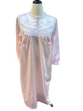 Barbizon Cuddleskin Pink Long Nightgown Embroidered Floral Yoke Lace Trim Small